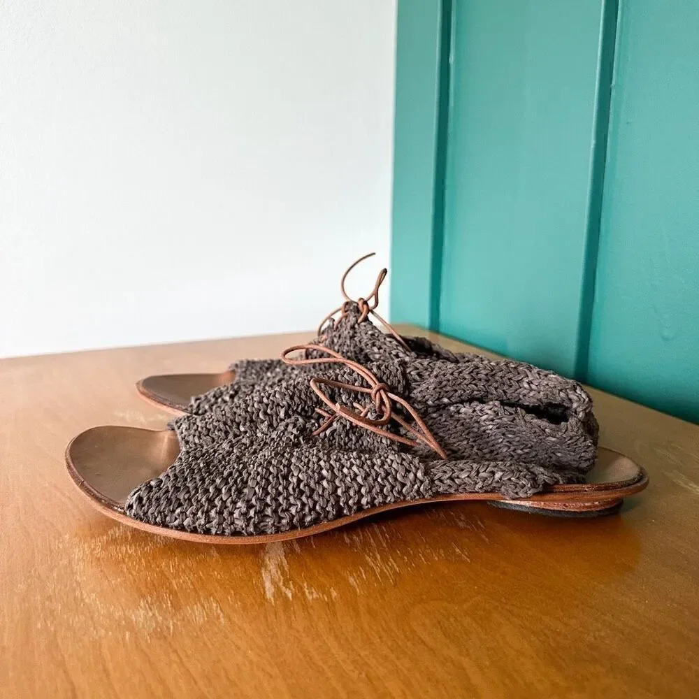 CYDWOQ Vintage Women’s Grey Taupe Woven Lace Up Leather Sole Sandal